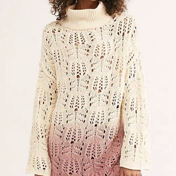 Free People Sweater Ombre Slouchy Mockneck Open Knit Oversized Pink Small Boho - Picture 1 of 12